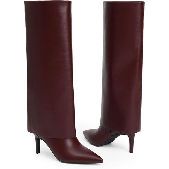 Women's Pointed Toe Tall Zipper Shark Fold Over Burgundy Pu Knee High Heel Boots - Picture 4 of 8